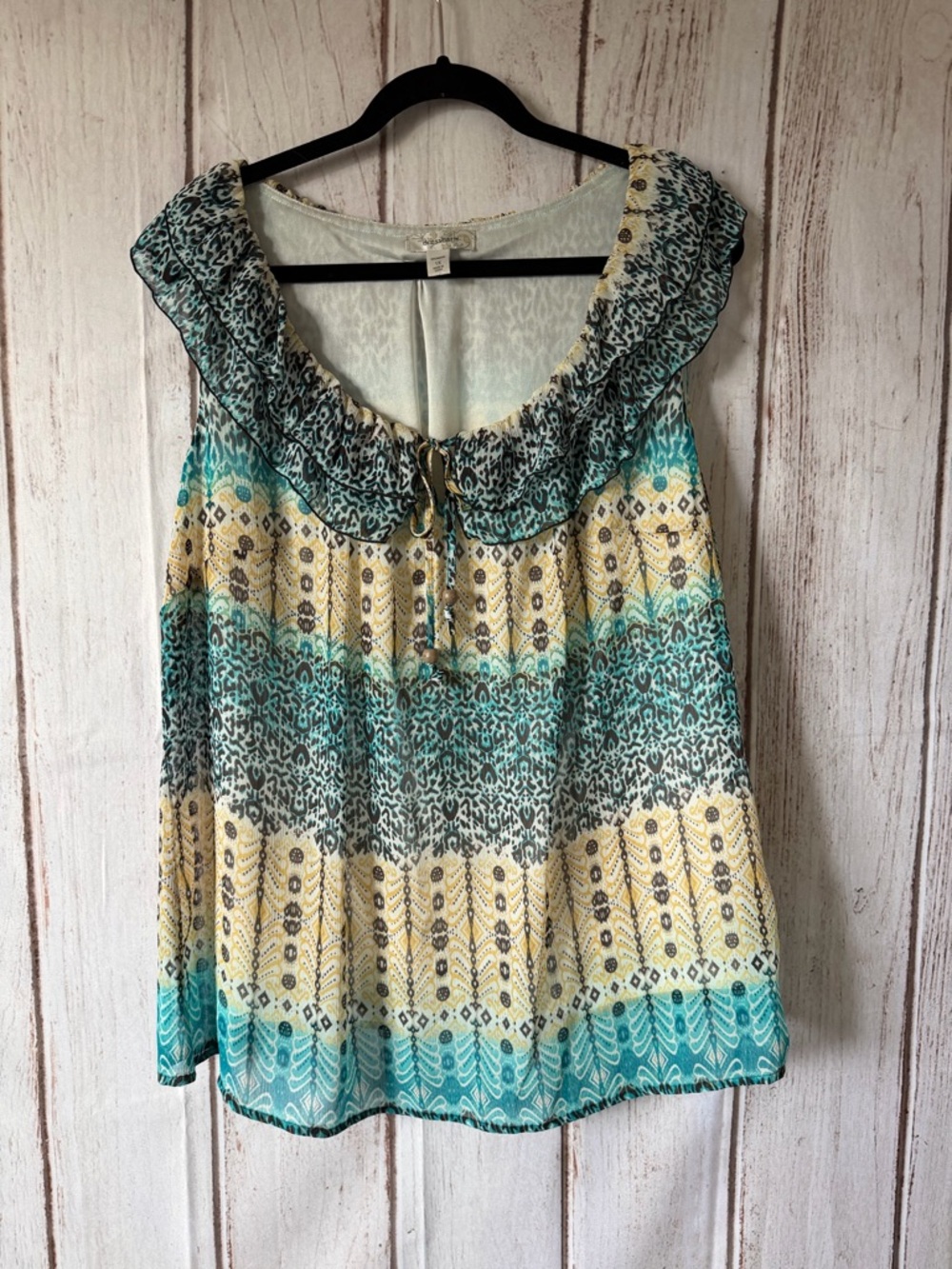 Dressbarn Ruffle Neck Sleeveless Blouse Teal Yellow Patterned Top Size 1X